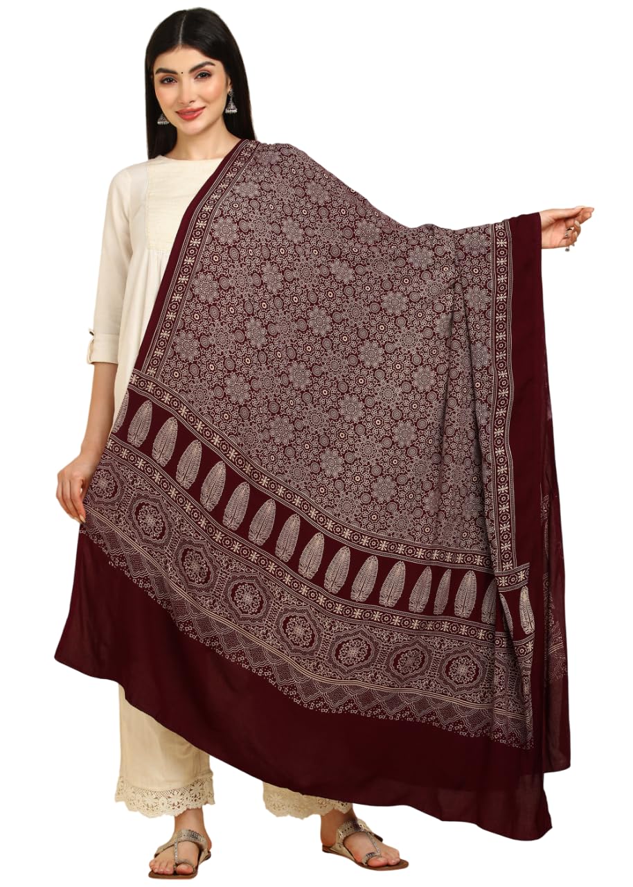 Ajrakh Print Rayon Dupatta for Women (Maroon)-image-37