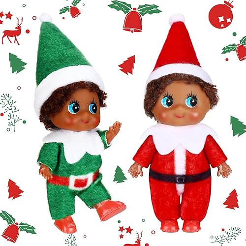 Threan 2 piezas de elfo de Navidad, gemelos étnicos, hispanos, afroamericanos, elfos negros, figura de Navidad, juguete de bebé, accesorios de elfo