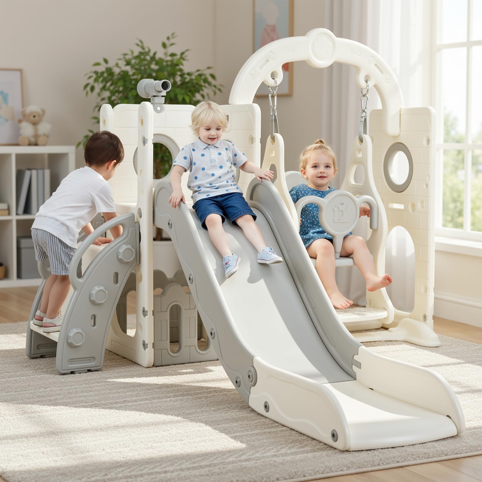 Slide & Swing, 5 in 1 Playground with Long Slide, Swing, Climbing, Play Telescope, Storage, Slide for Indoor and Outdoor, Baby Slide Set, Grey White
