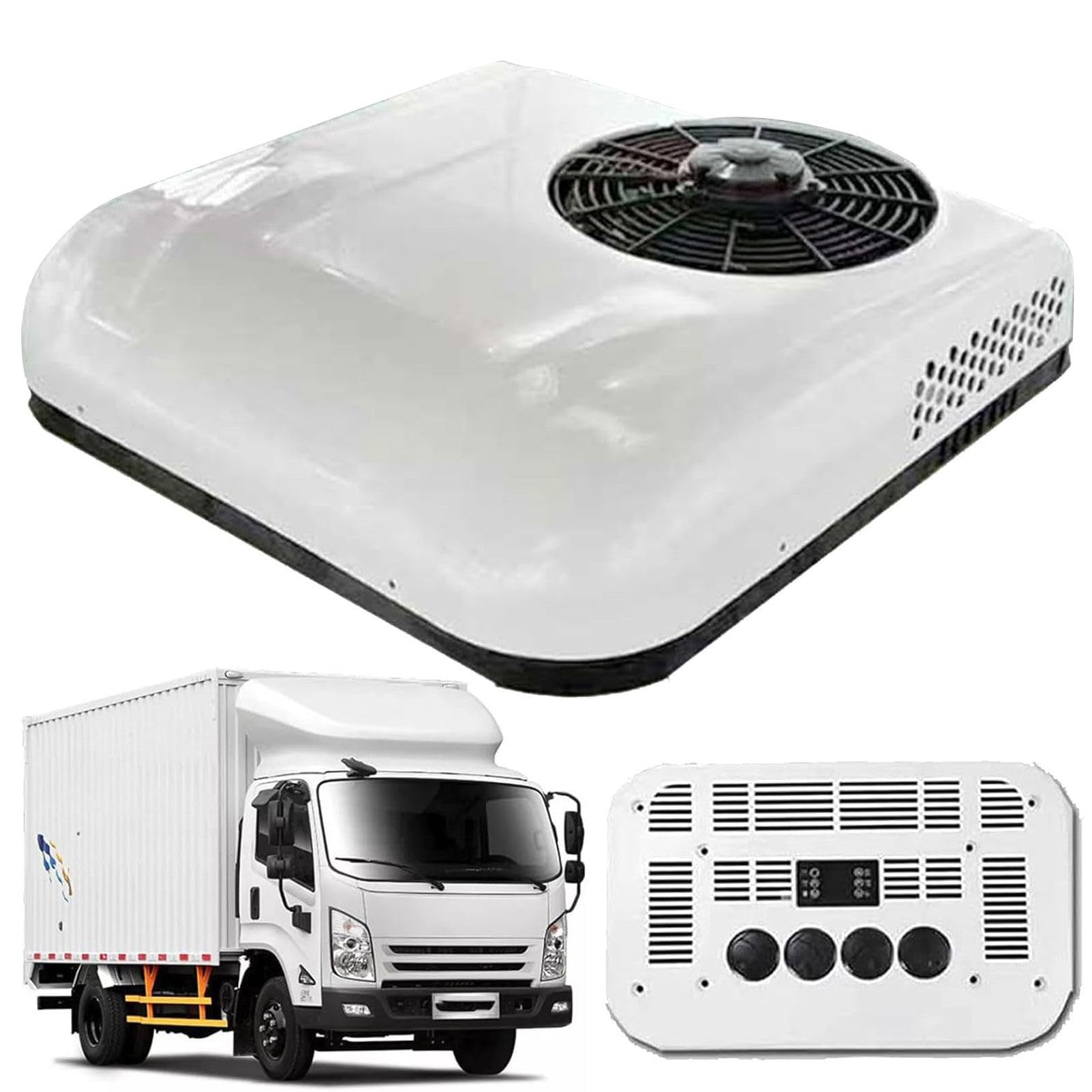 JXUANMM 12 Volt RV AC Unit, 12V/24V Air Conditioner Electric Parking DC Air Conditioner for Rooftop, Motorhome, Camper Van, Truck, Excavator, Off-Road Vehicle 12V-White