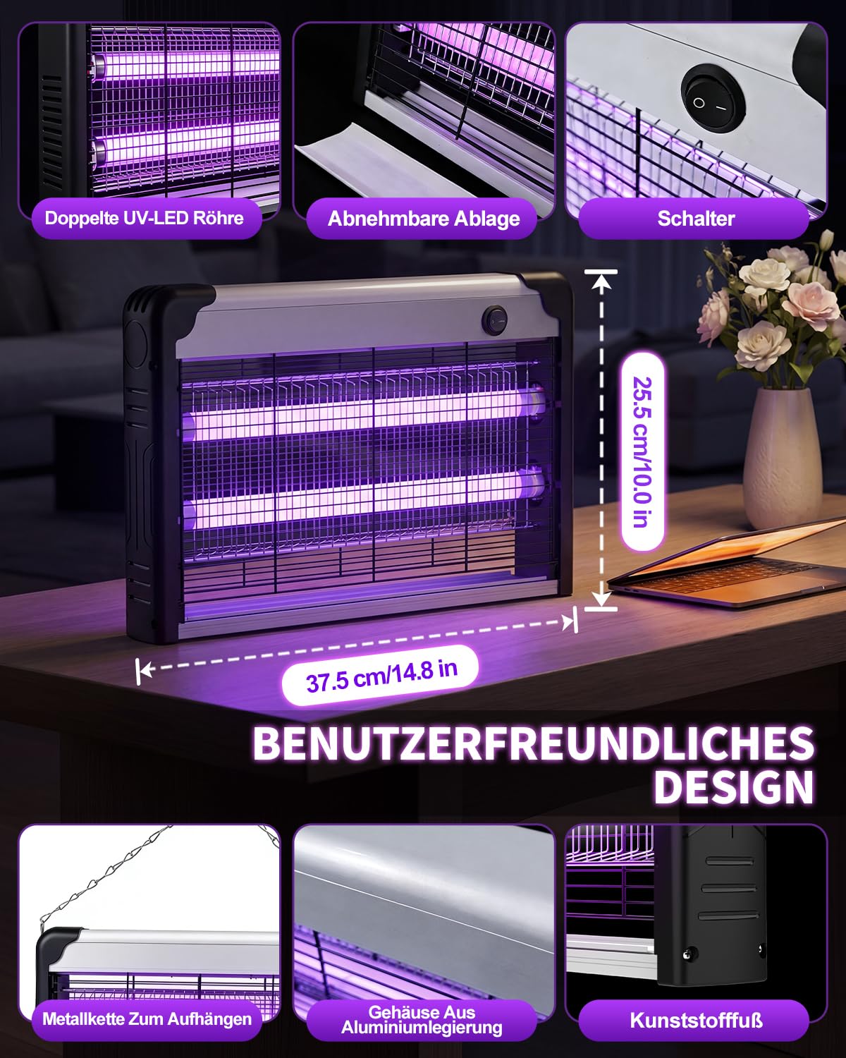 3800V Insektenvernichter elektrisch, 2 LED-UV-Licht mit hybrides Spektrum, wandmontierte Insektenlampe. Effektive Fliegenfalle für Haushalt, Küche und Garten gegen lästige Fluginsekten