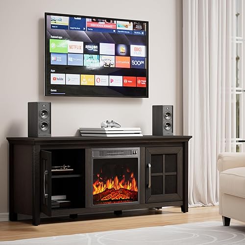 PIWFS02G - Soporte de TV con chimenea de 18 pulgadas para televisores de hasta 70 pulgadas, chimenea eléctrica con armario de almacenamiento y