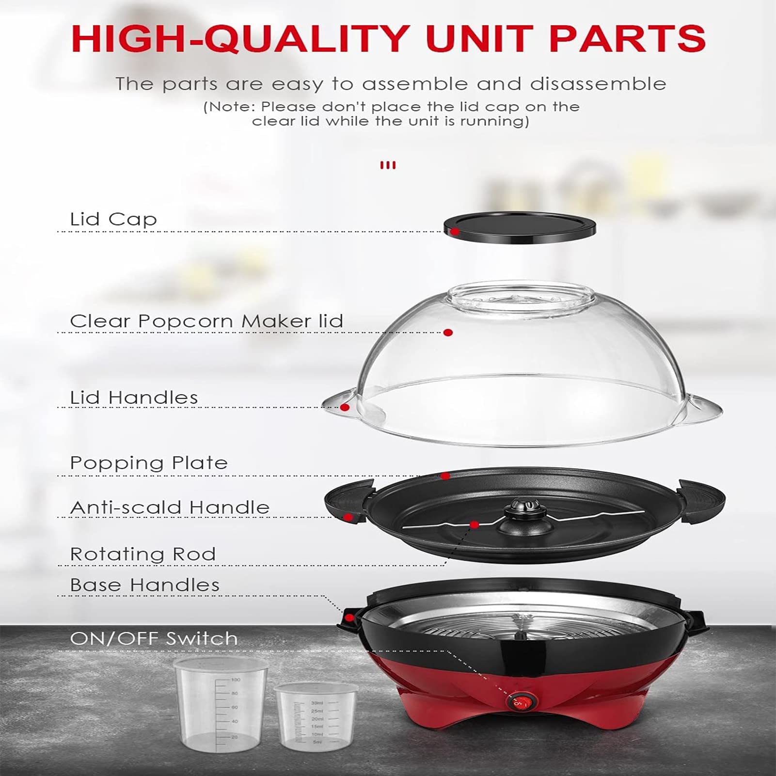 Macchina per Popcorn, Macchina per Popcorn ad Aria Calda, Popper per Popcorn Senza Olio aggiornato, Popper per Popcorn al Burro con Olio Caldo da 850 W con Asta di agitazione, pias