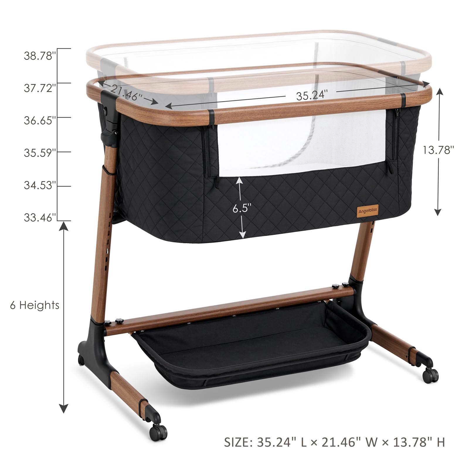 ANGELBLISS Electric Baby Bassinet Bedside Sleeper with Auto Rocking, Remote/Touch Control, 3 Timer Modes, 12 Sounds, 6 Heights, Storage & Wheels (Black) | Breathable Mesh — view 2