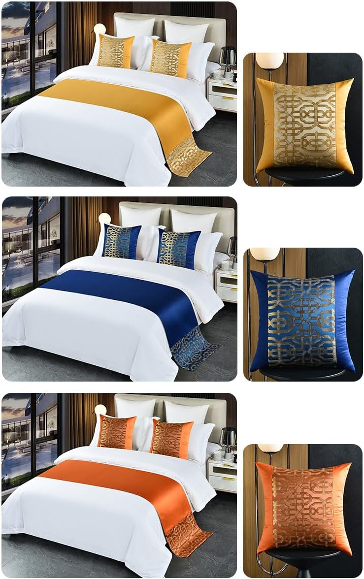 Bed Runner Bedding Scarves 2 Pillowcases(50X50cm) Scarf for King Queen Size Home Hotel Bedroom Decor Bed Throws for Foot Gold