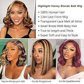 Douyin Honey Blonde Bob Wig Human Hair 14 Inch 13x4 Body Wave 4/27 Highlight Ombre HD Lace Front Wigs Human Hair Pre Plucked Glueless Lace Frontal Bob Wigs for Women