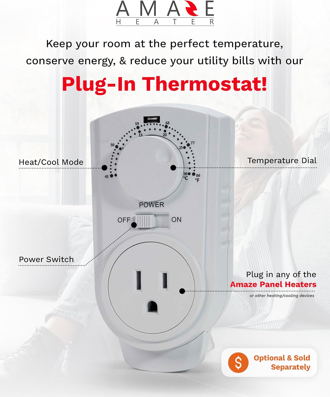 Amaze-Heater 600W Maxi Convection Panel Heater connected to an external plug-in thermostat.