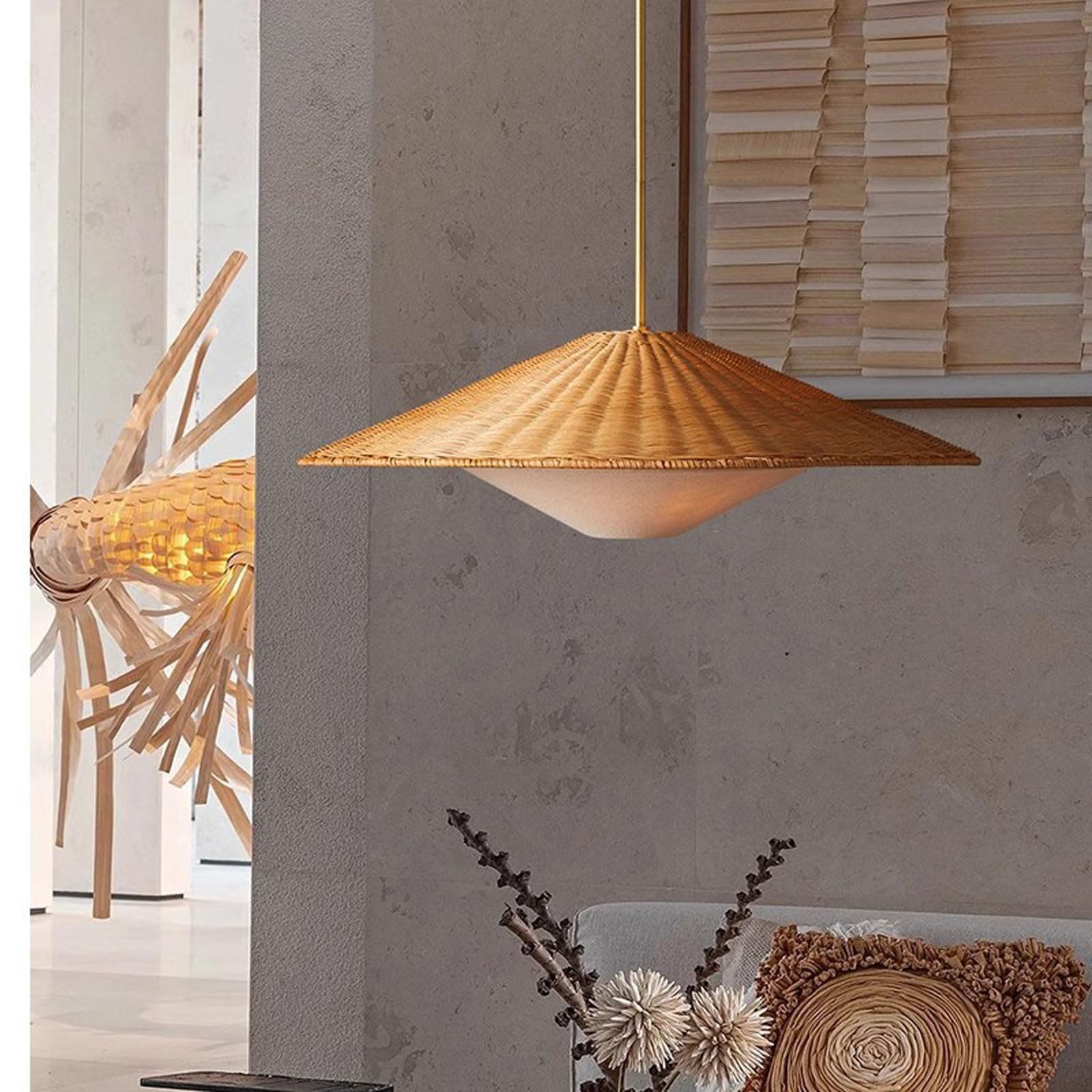 Lámpara de araña LED de ratán estilo retro campestre, pantalla de bambú, altura ajustable | Adecuada para comedor, dormitorio, estudio, cafetería, salón de té, hotel, luminaria