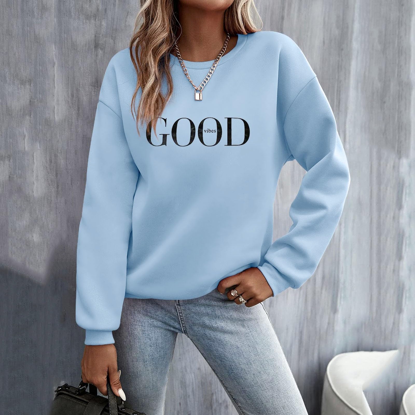 Genérico Sudaderas Mujer Manga Larga Cuello Redondo Sudadera sin Capucha Amplio Básico Chic Modernos Deportes Mujer Top Sudadera Informal de Manga Regular con Estampado de Letras