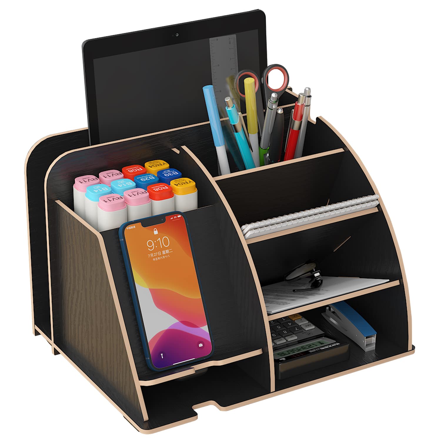 Wooden Desk Organiser with Phone Docking Station, Office Stationary Desk Tidy Organiser Pencil Holder Storage Box Desk Accessories(Black)