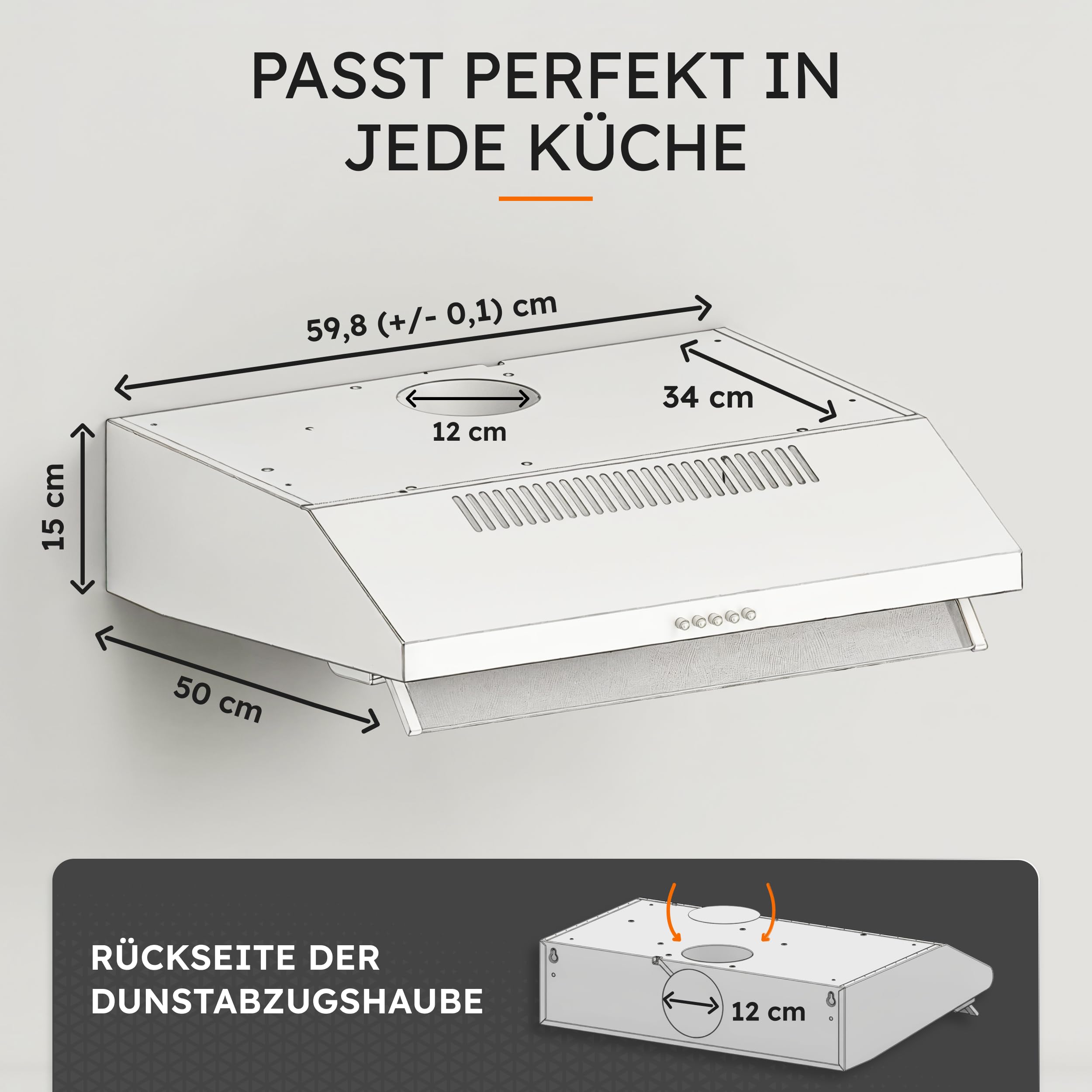 NEG NEG15-AT Unterbau Dunstabzugshaube Edelstahl 200 m³/h Abluft Umluft LED-Beleuchtung 60x50x15 cm