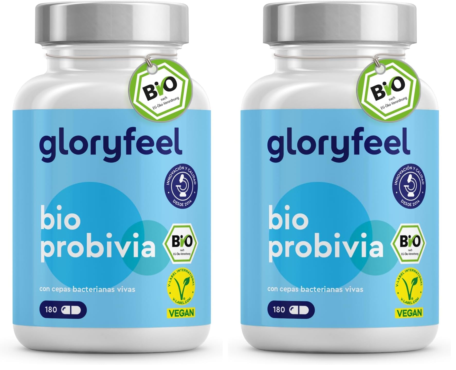 Bio Probióticos y Prebióticos Intestinales - 180 Cápsulas - 20 mil millones de UFC, 21 cepas bacterianas + Inulina orgánica - Lactobacillus y Bifidobacterium (Paquete de 2)