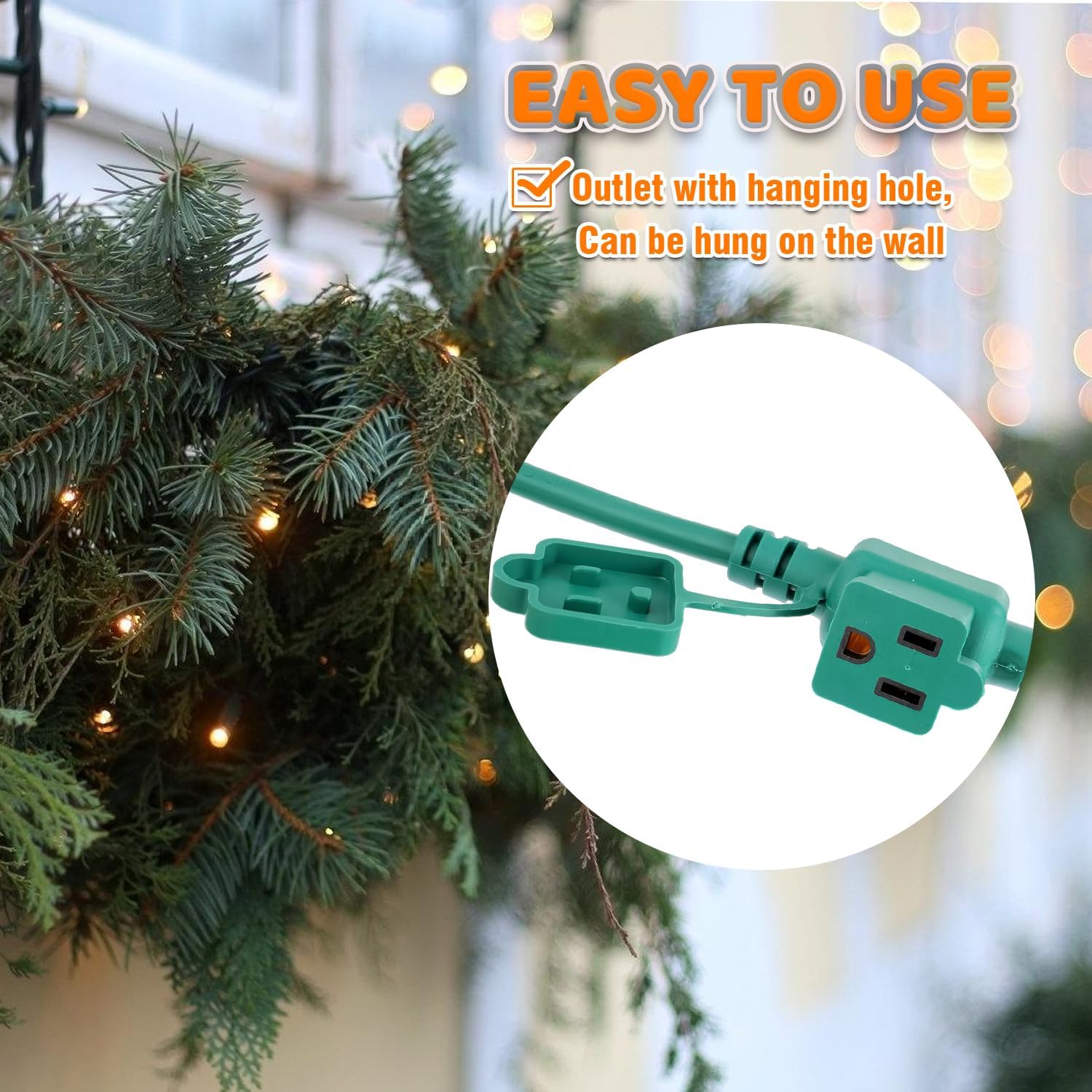 25FT Outdoor Extension Cord, Evenly Spaced 3 Outlets Plugs with Safety Cover, 16/3 SJTW Weatherproof Multiple Outlets Wire for Landscaping Light, Holiday Decoration and Christmas