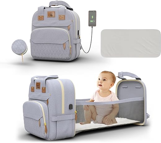 Lifelong Cuppy 7-In-1 Diaper Bag Backpack With Changing Station | Mamma’s Bag Waterproof Folding Crib & Baby Bed | Portable Nappy Bag For Maternity, Extendable Diaper Changing Pod & Mosquito Net, grey