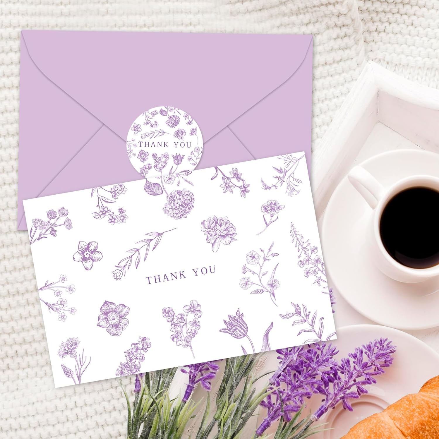 Whaline 36Pcs Light Purple Floral Thank You Cards Purple Greeting Cards Blank Note Card with Envelopes Stickers for Weddings Bridal Shower Baby Shower - Image 7