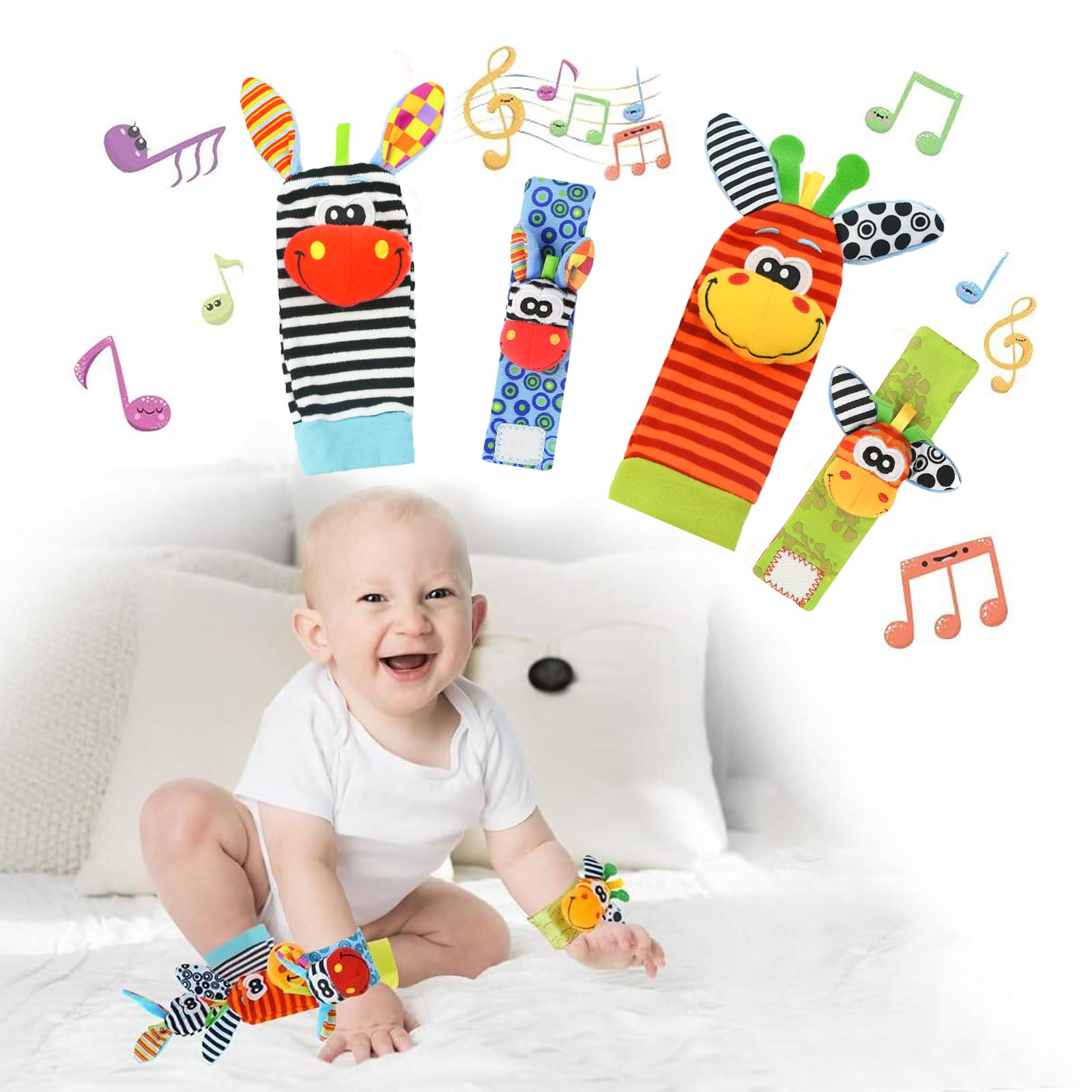 Baby Toys Rattles, Wristbands Rattles and Socks Set for Finding Feet, Zebra Giraffe Stuffed Animal, Awakens Hearing Awareness, for 1-12 Months Newborn