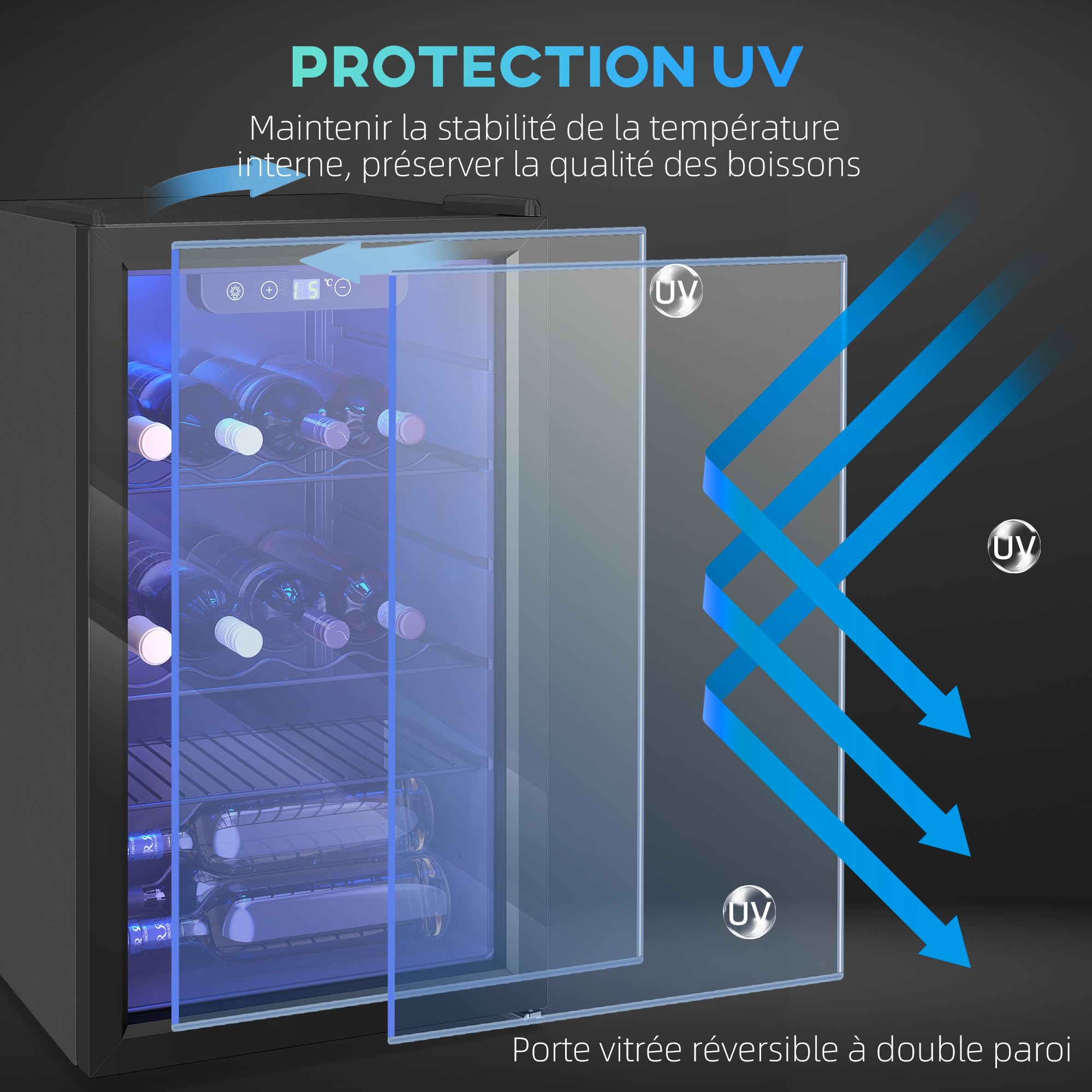 HOMCOM Cave à vin 24 bouteilles 68L, réfrigérateur à vin et boissons, température réglable 4-16°C, porte réversible verre trempé double, éclairage LED, écran tactile, noir