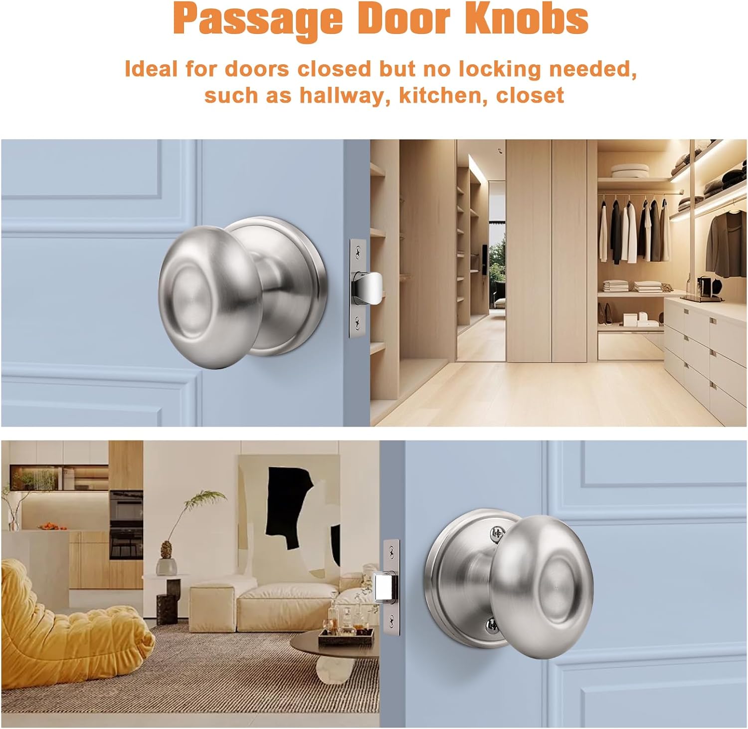 Gobrico 10 Pack Egg Shaped Passage Door Knobs Flat Satin Nickel Interior Locksets Oval Style Stainless Steel Door Handles for Hall and Closet
