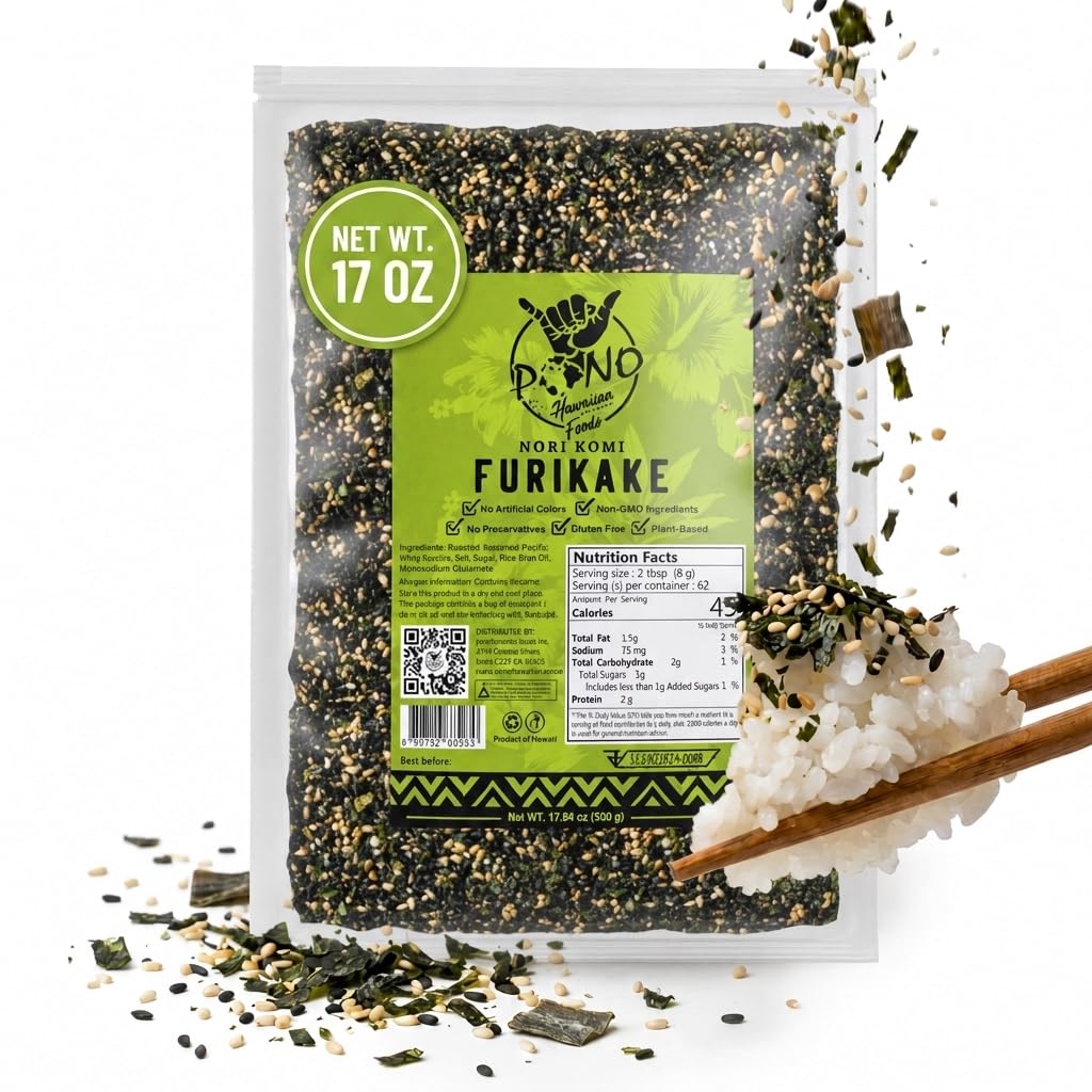 Pono Hawaiian Premium Made -Nori Komi Furikake Rice Seasoning - Gluten-Free and Non-GMO - Multi-Purpose Rice Topping – Free from Preservatives and