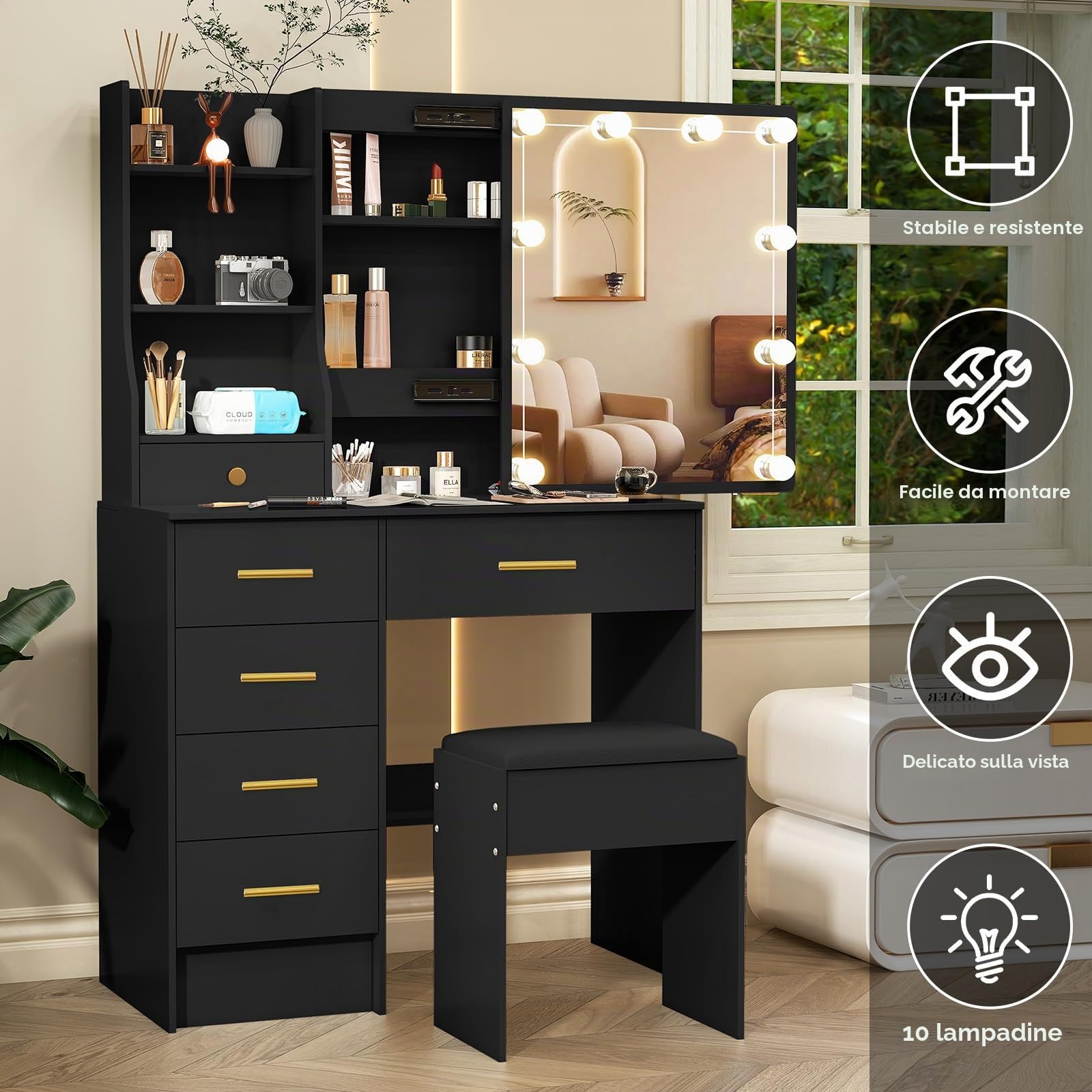 Toeletta da Trucco con Specchio Scorrevole e Sgabello, Scrivania Make Up Ampia con Luci Dimmerabili e Guida Video, Postazione Trucco con 6 Cassetti e 6 Ripiani, Nero, 36×80×131 cm, J328