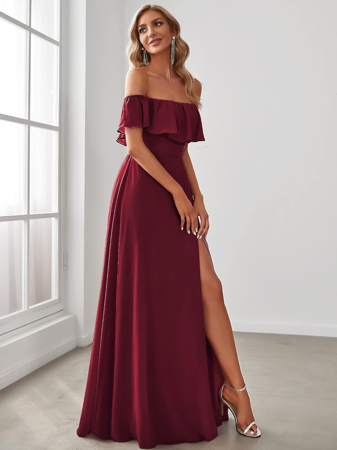 Ever-Pretty Women's Elegant Off The Shoulder Side Split High Waist Flowy Chiffon Maxi Bridesmaid Dress 00968