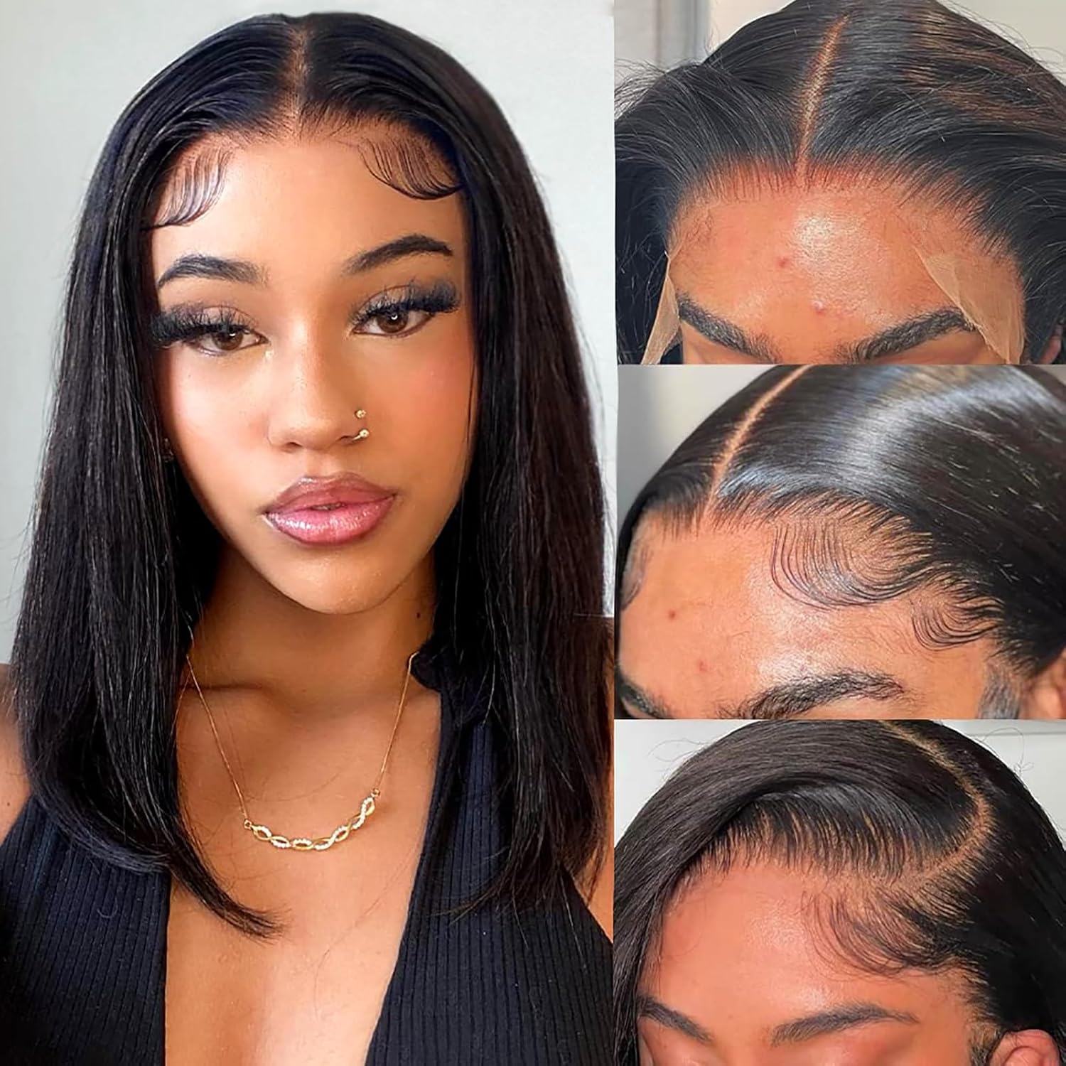 14 Inch Bob Wig Human Hair 13x4 HD Lace Front Wigs Pre Plucked Long Straight Hair Replacement Lace Frontal for Black Women 200% Density Glueless with Elastic Band, Nature Black