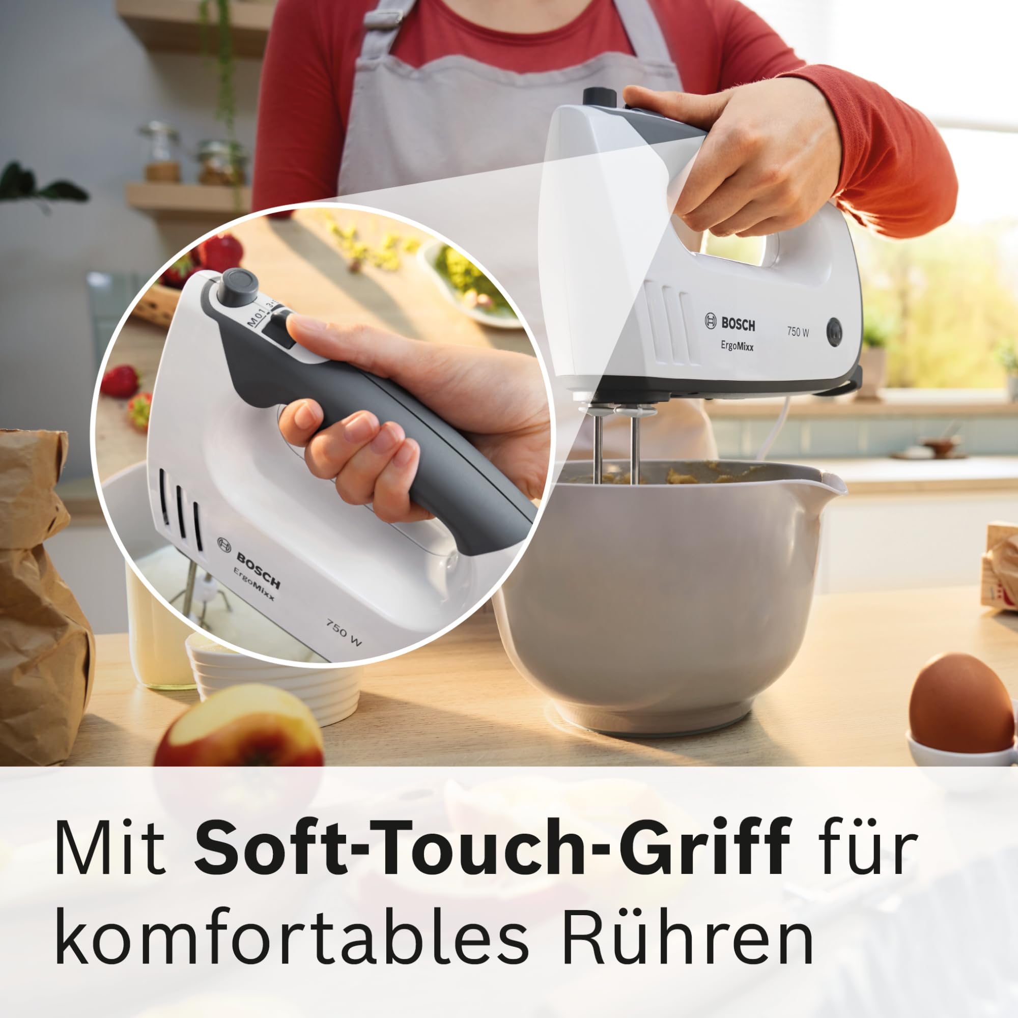Bosch Handrührgerät, mit Pürierstab, Mixbecher, Edelstahl Rührer, Knethaken, spülmaschinenfest, 5 Stufen plus Turbotaste, weiß/grau, 750 W, ErgoMixx MFQ37470