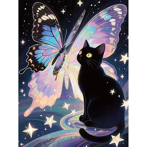 Cat and Butterfly Diamond Art Kits for Adults, Easy DIY 5D Round Full Drill Diamond Painting kit Diamond Dot Crystal Gem Art and Craft for Beginners, Home Wall Decor 12x16 Inches - 9-CAT-BK-30*40CM