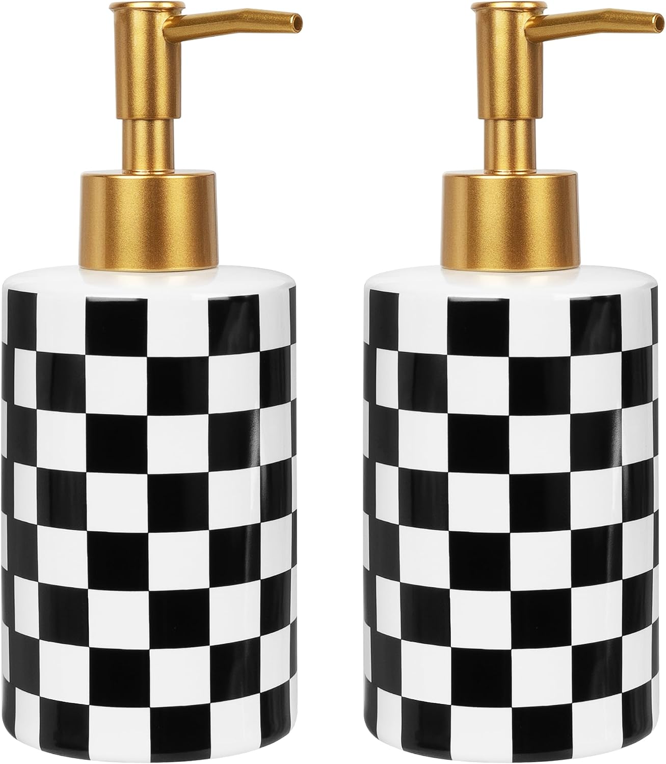 2 Pack Ceramic Soap Dispenser, 10oz Checkerboard Bottle Set, Gold Pump