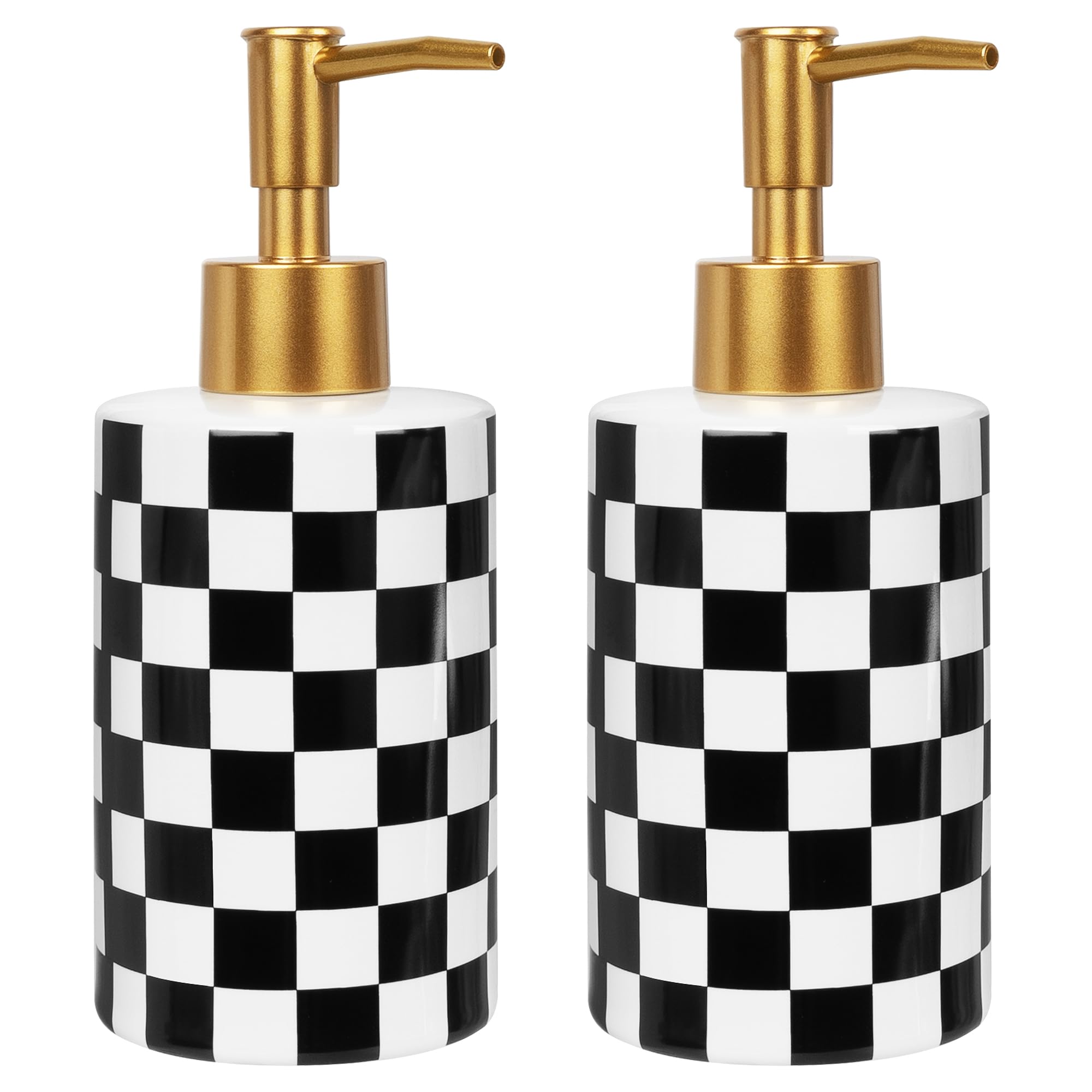 Set di 2 dispenser per sapone da bagno, 300 ml, in ceramica a scacchiera, con pompa dorata, per lavello della cucina, piano di lavoro del bagno (nero bianco)