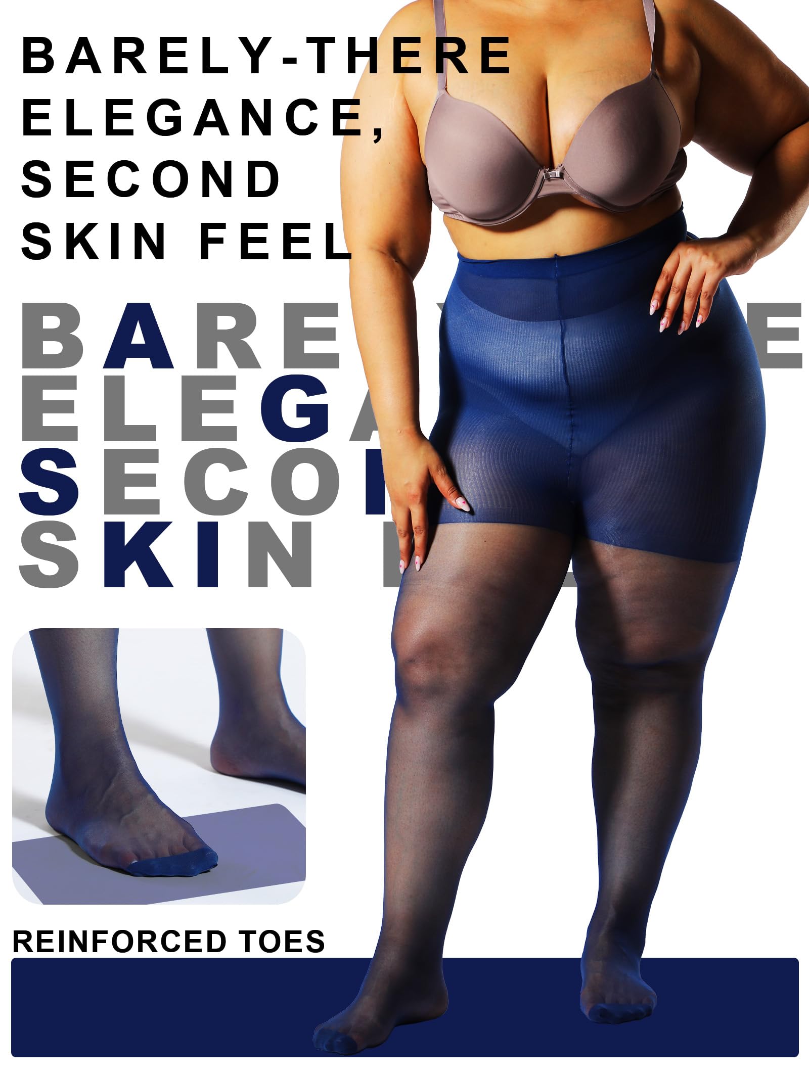 HONENNA 2 Pairs Plus Size Sheer Tights for Women, 17 Colors Ultra Thin Pantyhose Reinforced Toes High Waist Stockings 1XL-6XL: Navy Blue - 20denier - 2 Pairs 5X-Large-6X-Large Plus