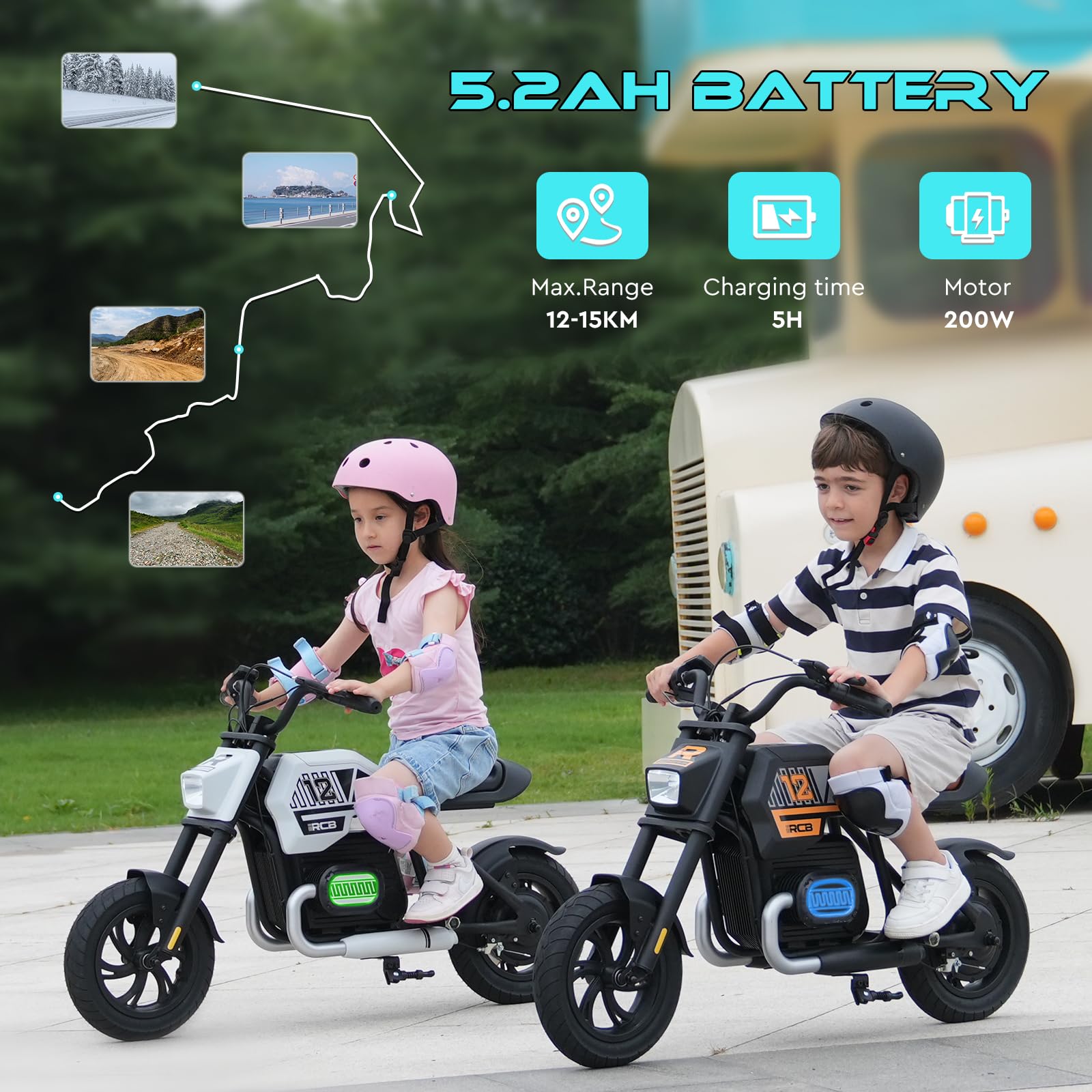 RCB R9 Kinder-Elektromotorrad, Elektro Motorrad mit Lautsprecher, 10/15/25KMH&15KM Reichweite, Stimmungsbeleuchtung, 12-Zoll-Luftreifen für Kinder 6+ Jahren