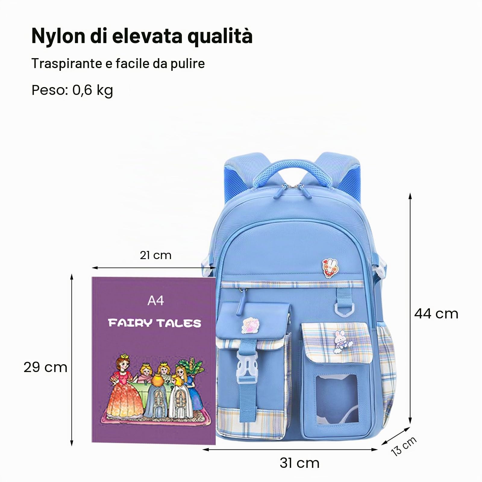 FANDARE Zaino per bambini Zainetti Cartelle Zaino Scuola Elementare Zaino Casual Ragazze Ragazzi Zainetto per Studenti Primarie Viaggiare con ciondolo in peluche & Badge carino Cielo blu