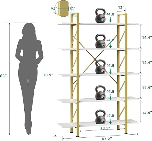 Miniatura 3 de YITAHOME Estantería dorada de 5 niveles, estantería ancha y moderna de 70.9 pulgadas de alto, estantes de almacenamiento abiertos en sala de