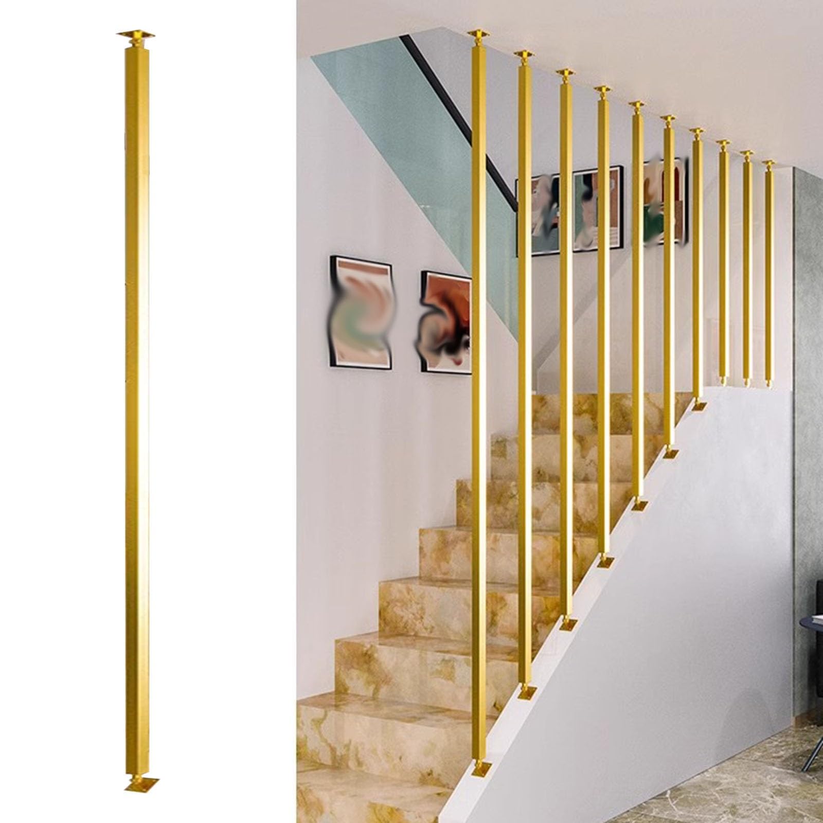 CHZDPP Angle Adjustable Metal Stair Spindles for Prevent Falling, Staircase Balusters for Lofts/Hotel/Villas/Office Stairs Remodeling, Customizable Baluster Column(Gold (Style A),150cm/59.1in/4.9ft)
