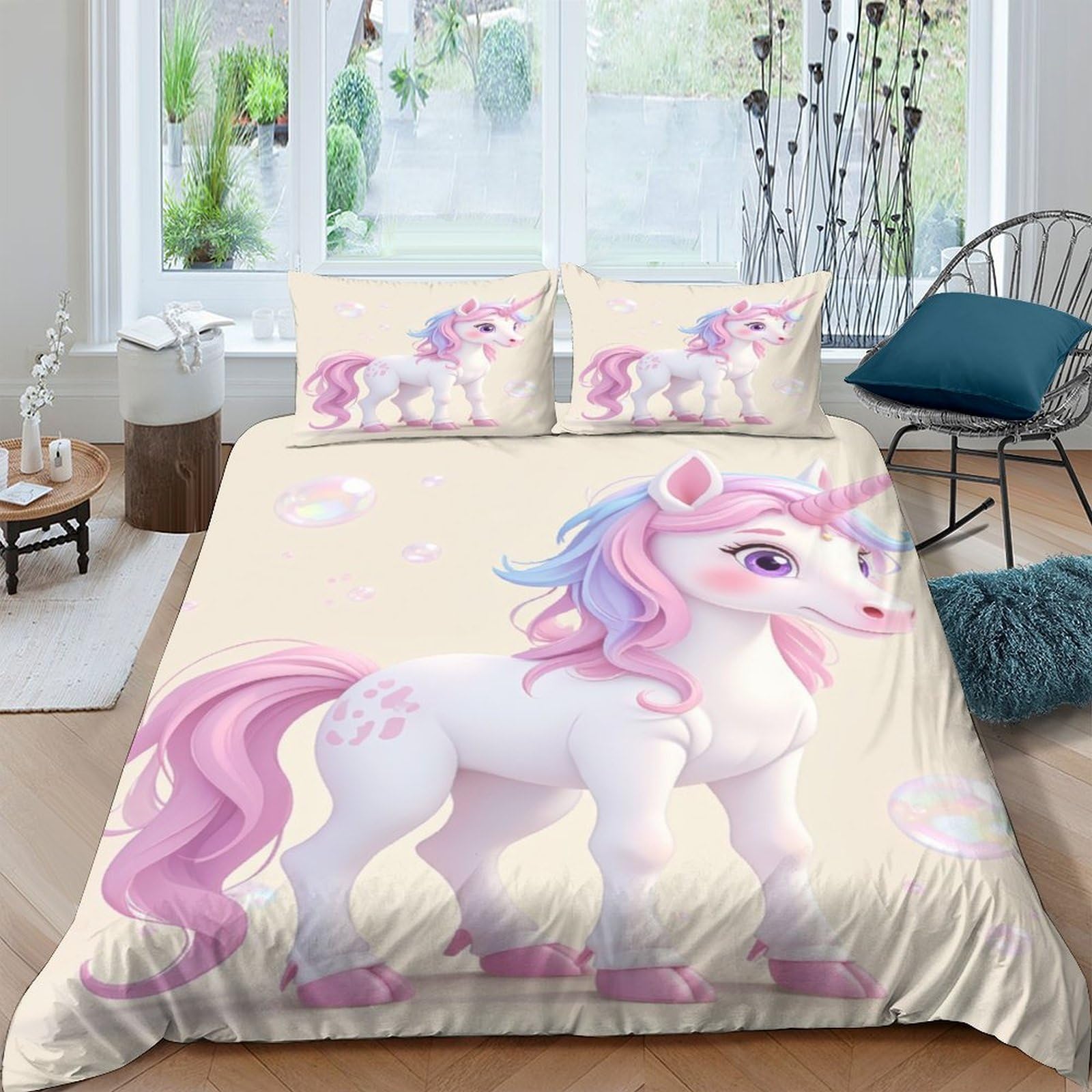TUFRTGYHN 3D Printed Pink Unicorn Duvet Cover Microfiber Soft Breathable Fantasy Bedding Set with 2 Pillowcases for Bedroom Decor Single（135x200cm）
