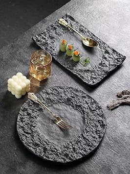 Exquisite Plates, Ceramic Rectangular Steak Plates, Pasta Plates, Restaurant Cakes, Rock Plates, Hotel Flat Plates, Plain Black Texture.,2-One Size