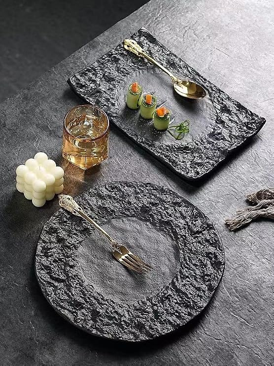 Exquisite Plates, Ceramic Rectangular Steak Plates, Pasta Plates, Restaurant Cakes, Rock Plates, Hotel Flat Plates, Plain Black Texture.,2-One Size