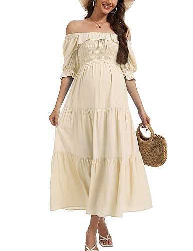 Half Sleeve Maternity Maxi Dress, Off-Shoulder Ruffled Elegant Flowy Baby