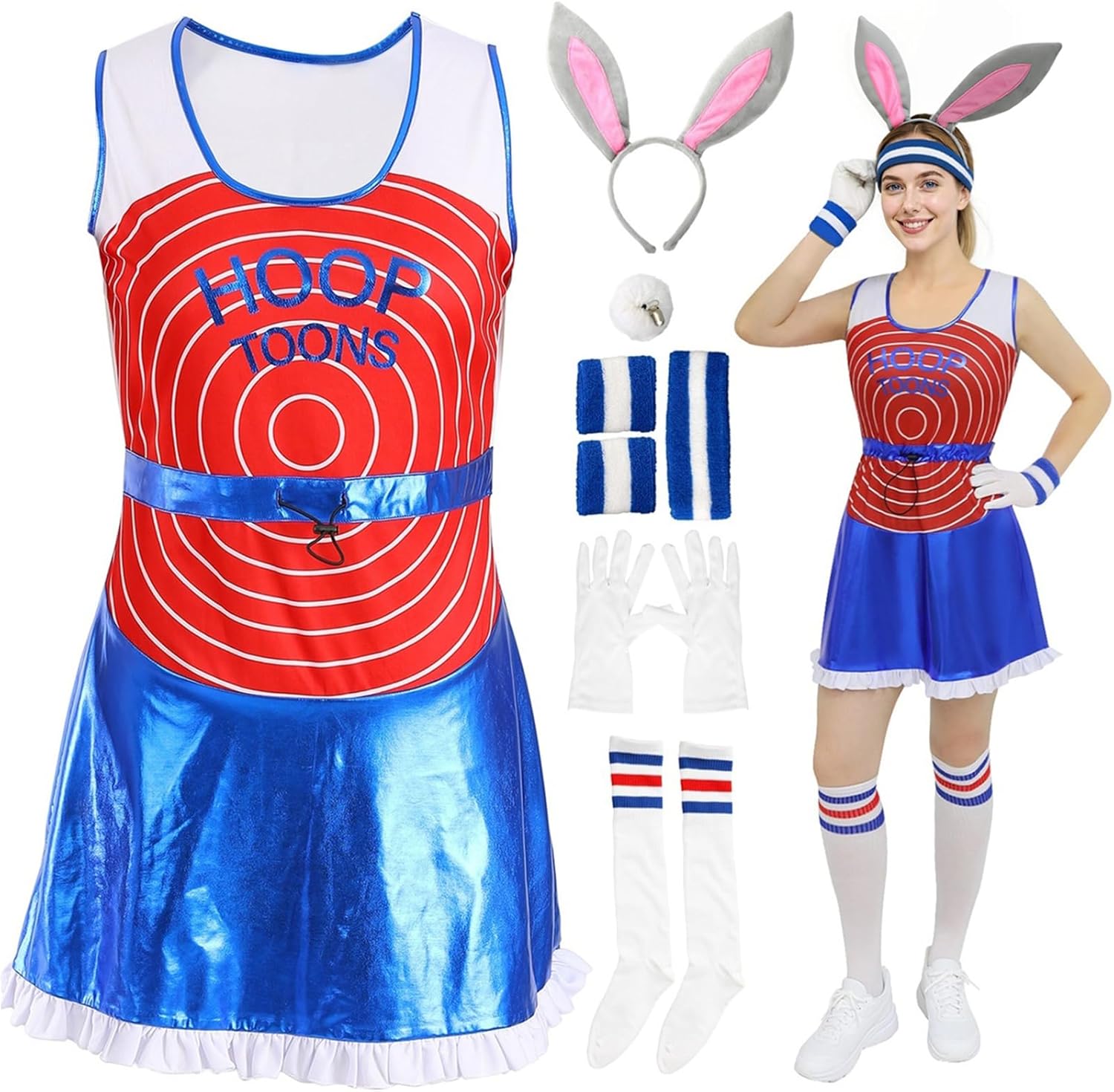 7PCS Womens Halloween Bunny Basketball Jersey Set-with Skort,Gloves, Headband, Wristbands, Socks, Hair Hoop & Tail Blue Small