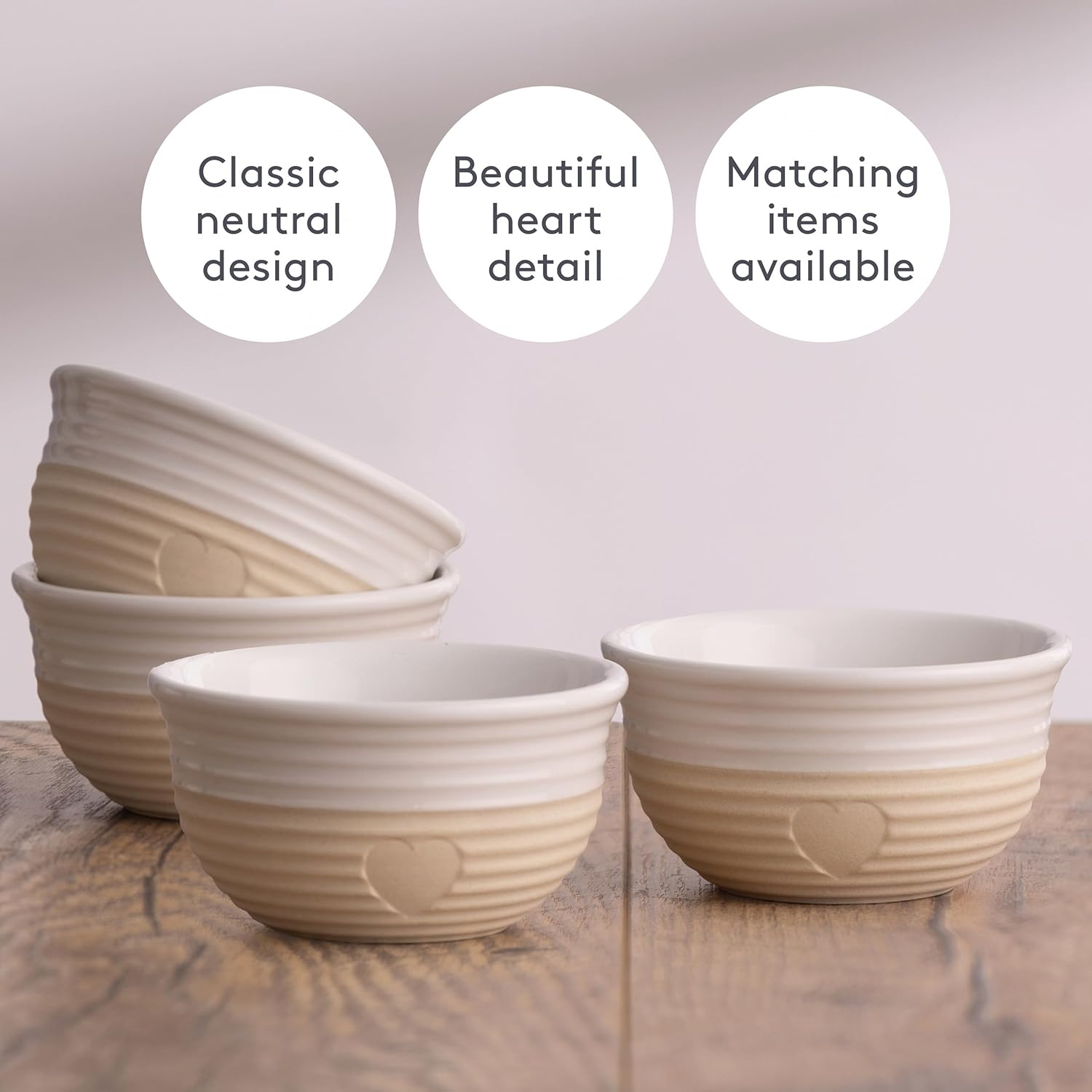 Mason Cash Rustic Charm Mini Bowls Set of 4 Stoneware Bowls with Debossed Heart Motif 150ml Capacity Ideal for Pinch Pots Dips Desserts