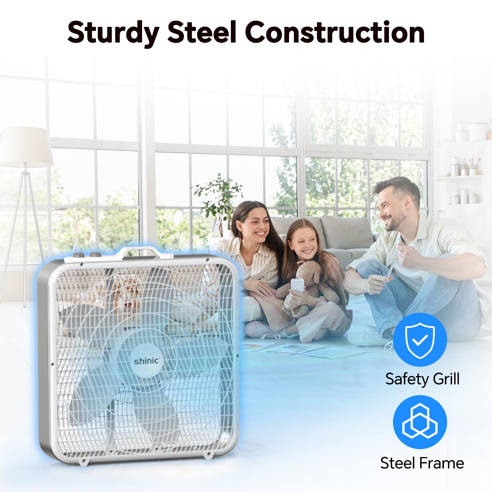 shinic 50,8 cm Kastenventilator mit Thermostat, 3-Gang-Metallrahmen, Fensterboxventilator mit Tragegriff und rutschfesten Füßen, automatische Temperaturregelung, Kühlventilator für Schlafzimmer