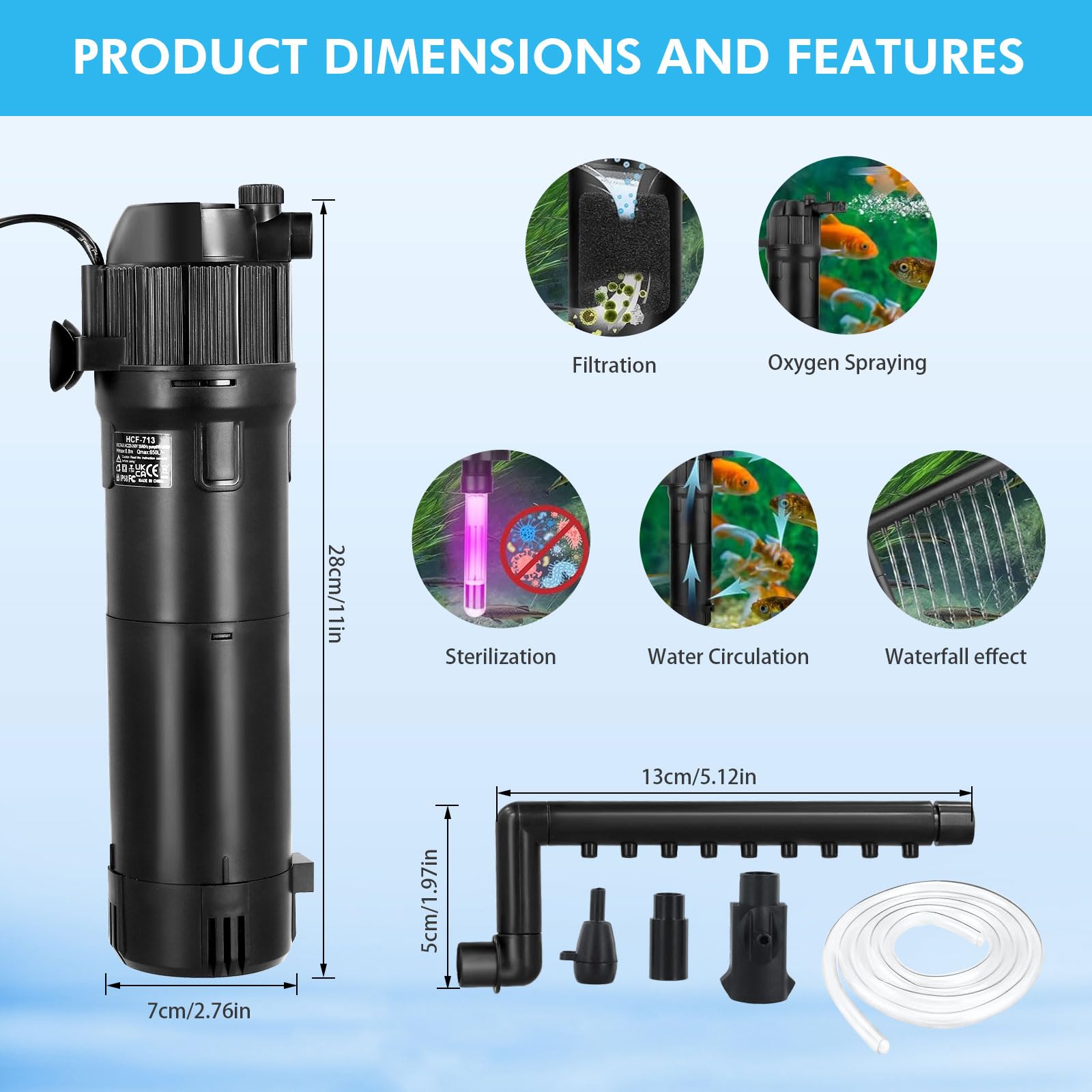 UV Filters for Fish Tanks 5-in-1 Fish Tank Filter Pump 650L/H 6W Aquarium Filter with UV Steriliser Turns Green Water to Clear - Image 2