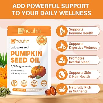 Pumpkin Seed Oil with Saw Palmetto Capsules, Essential Fatty Acids & Phytosterols, Pumpkin Seed Oil for Hair Growth, Urinary, Bladder & Prostate Health, Cold Pressed Pure Virgin, 300 Softgels