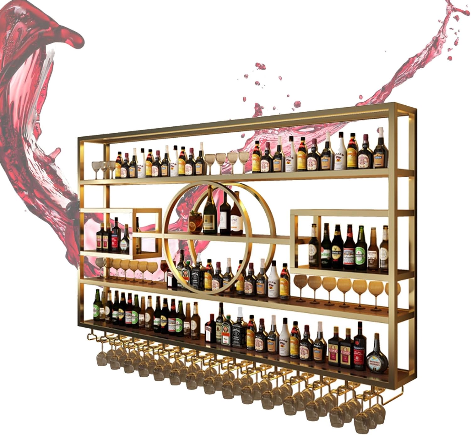 Wall Wine Rack Floating Bar Shelves Wall Mounted with LED Light Liquor Bottle Display Shelf for Liquor Bottles with Hanging Wine Glass Rack Holder Bar Stand Kitchen Wall Shelf for Home Bar Dining Room
