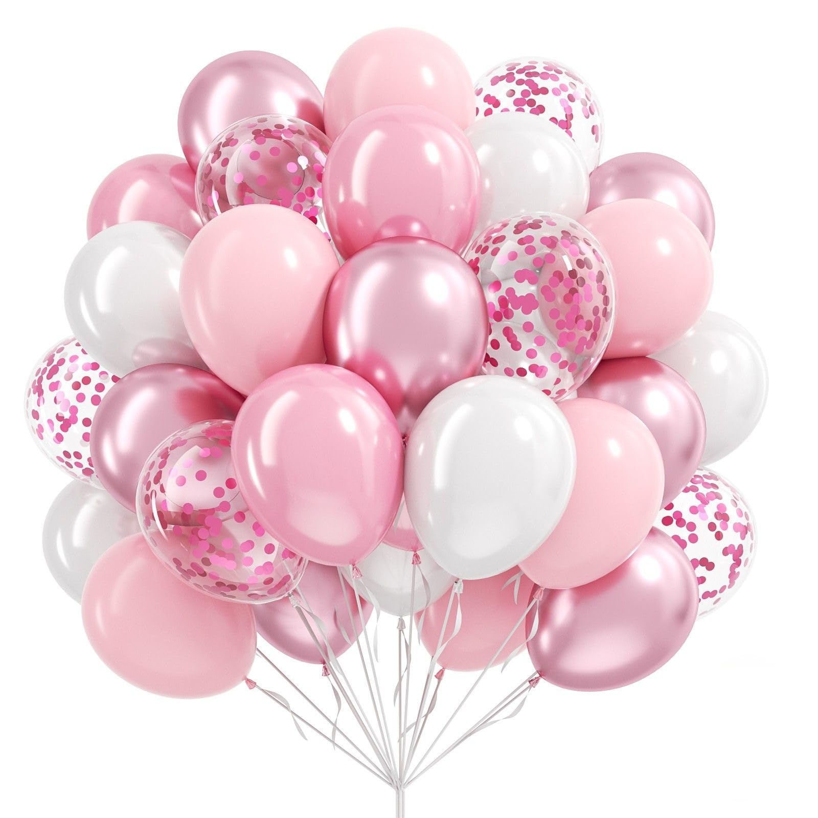 QIFU Baby Pink Balloons,12inch Baby Pink and White Balloons with Metallic Pink Confetti Balloon Birthday Balloon Girls for Baby Shower Decoration Gender Reveal Bride To Be Brithday Wedding Anniversary