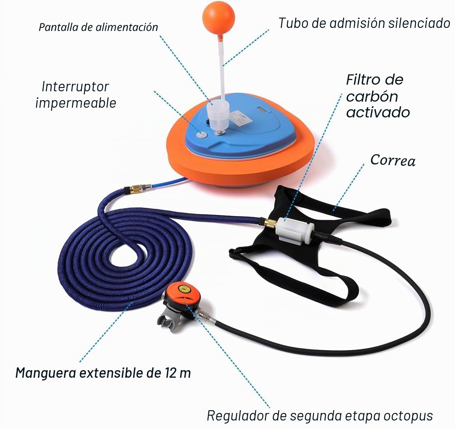 3.5 Hours Sistema de Buceo Recargable de Buceo, Compresor de Aire Impermeable con Manguera 39th y Regulador de Buceo, Equipo de Buceo para Buceo Deportivo, Pesca