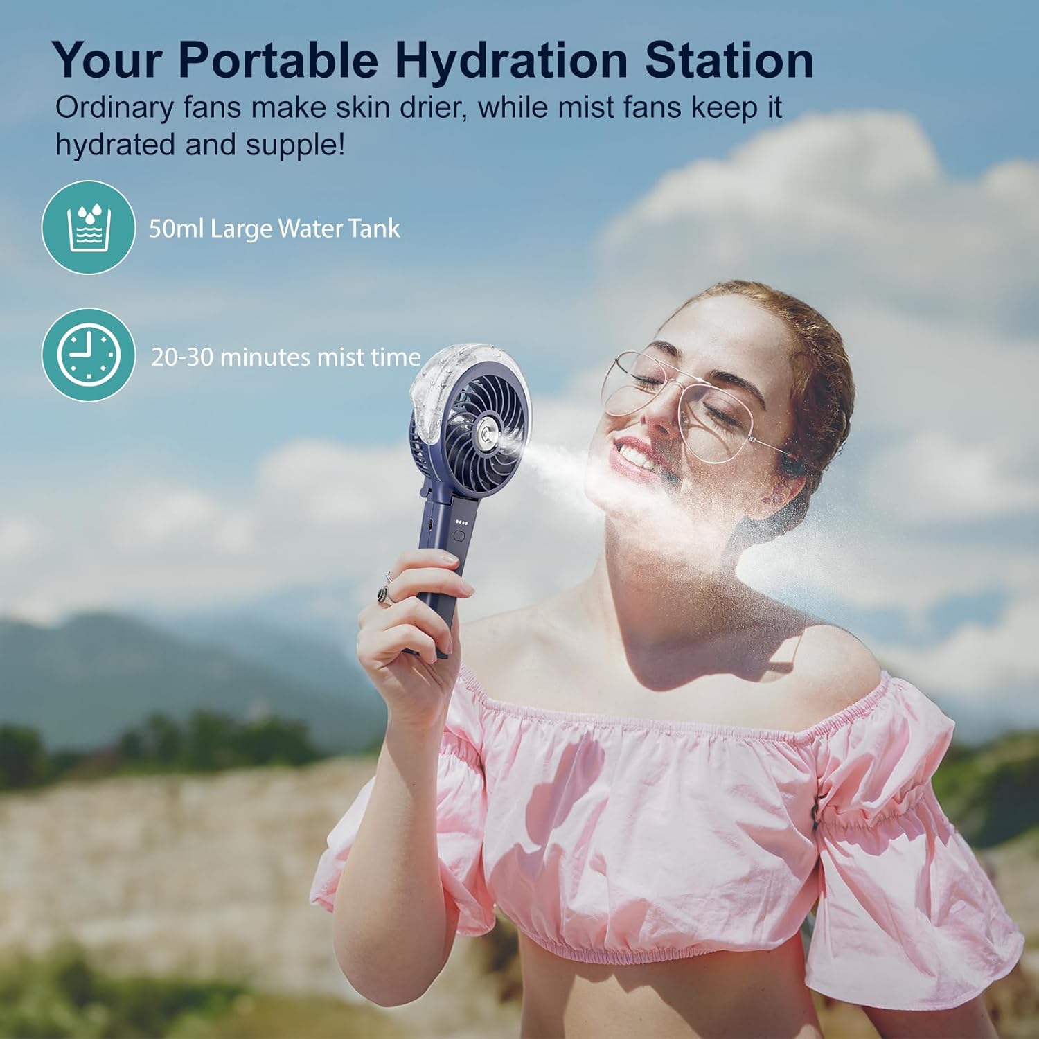 HandFan 4000mAh Upgraded Handheld Misting Fan, 50ml Water Tank, Rechargeable Personal Mister Fan Portable AC, Spray Water Mist Fans, Foldable Cooling Ice Fans for Beach Travel Disney(Royal Blue) - Image 4