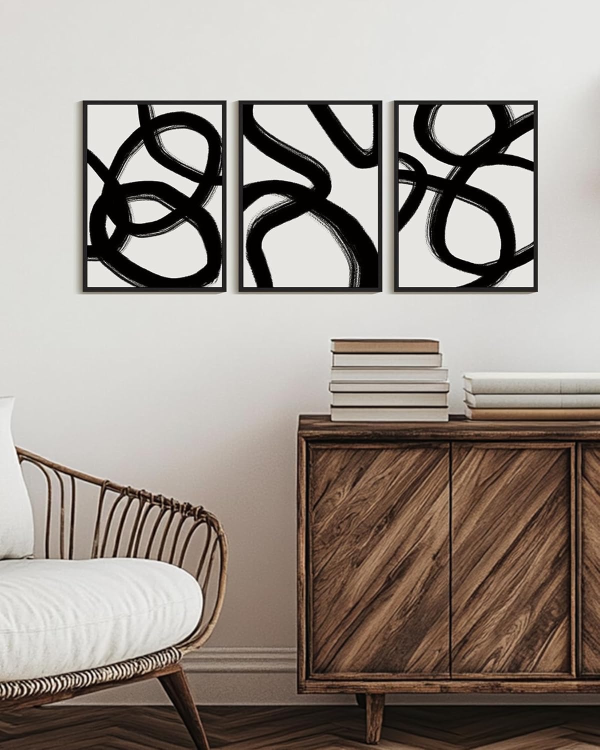 KUVIOKE Black and White Abstract Framed Wall Art Ink Wash Minimalist Lines Painting Artwork for Bedroom Hallway 12x16in (Black Framed)