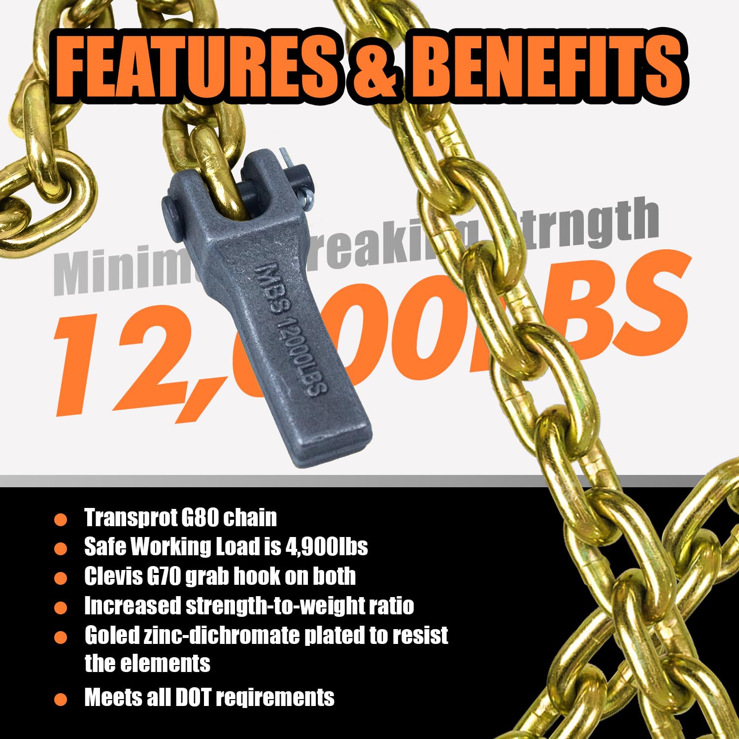 TKK 2-Pack Trailer Safety Chain - 35 Inch Chain with 5/16'' Clevis Snap Hook and Retainer | 21,000 lbs Break Strength | Secure Towing Transport Chains